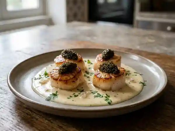Délicieuses Saint-Jacques Poêlées au Caviar, Sauce Crémeuse et Fines Herbes - Photo de présentation