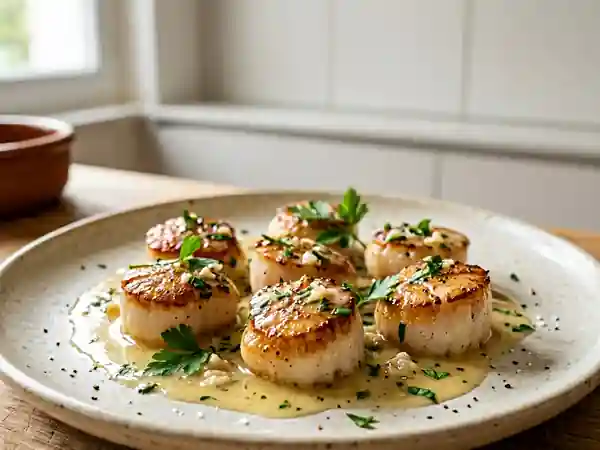 Délicieuses Saint-Jacques poêlées au vin blanc et beurre citronné - Photo de présentation