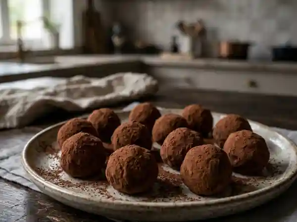 Truffes de chocolat blanc soyeuses au cacao - Photo de présentation