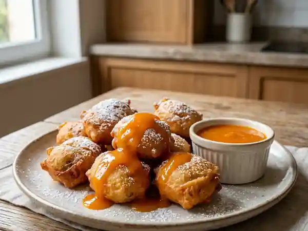 Beignets de banane fondants, coulis d'abricot - Photo de présentation
