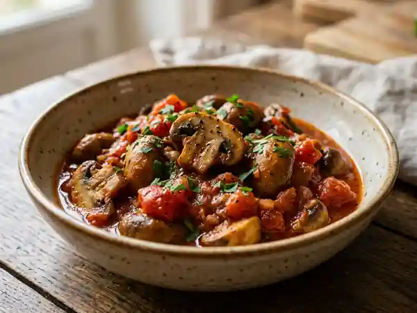 Délicieux champignons mijotés à la sauce tomate maison - Photo de présentation