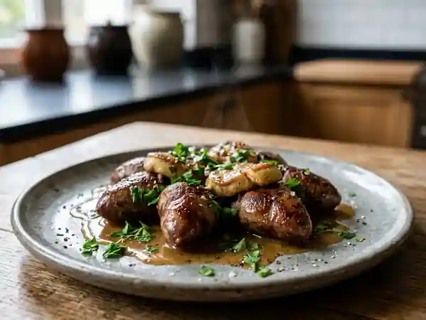 Cœurs de canard fondants au foie gras poêlé - Photo de présentation