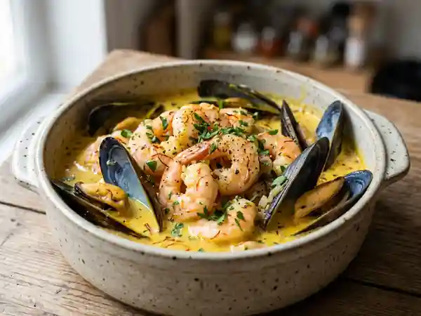 Crevettes et moules onctueuses au safran - Photo de présentation