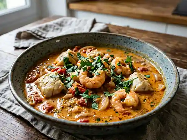 Délicieux curry de poisson et crevettes aux saveurs exotiques - Photo de présentation