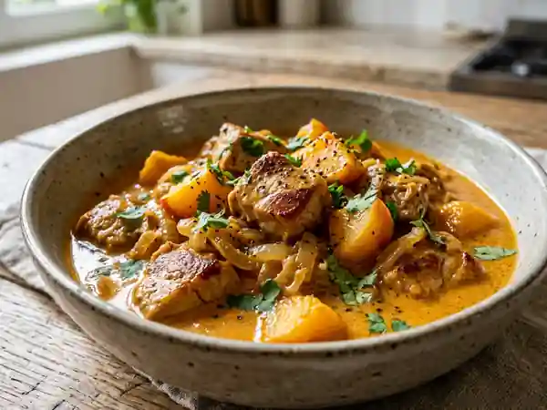 Porc au curry rouge et pêches fondantes - Photo de présentation