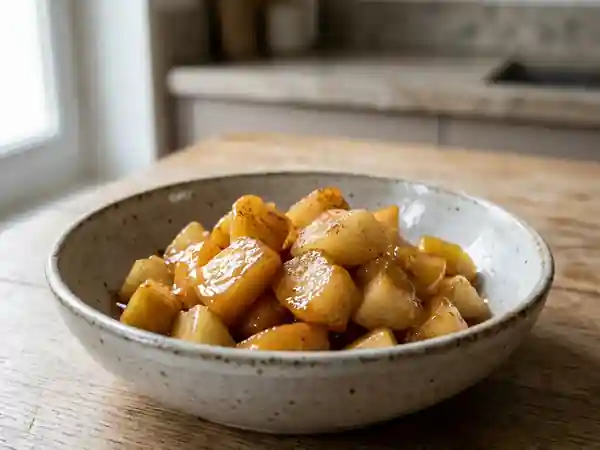 Délicieux dessert diététique aux pommes et poires caramélisées - Photo de présentation