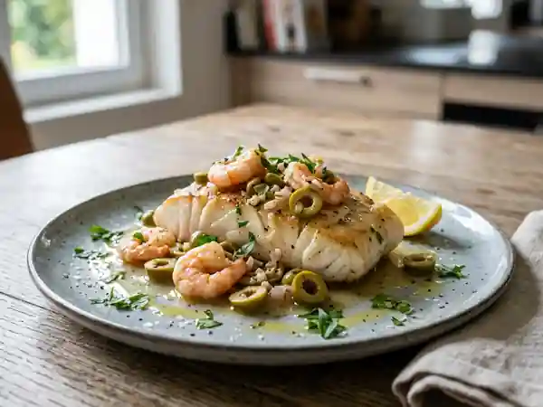Délicieux filet de poisson aux crevettes et olives méditerranéennes - Photo de présentation
