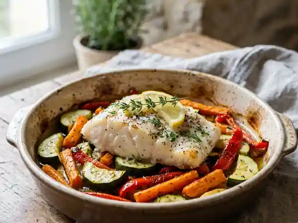 Poisson blanc fondant et légumes rôtis - Photo de présentation