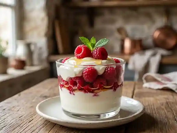 Fromage blanc onctueux au miel et framboises - Photo de présentation