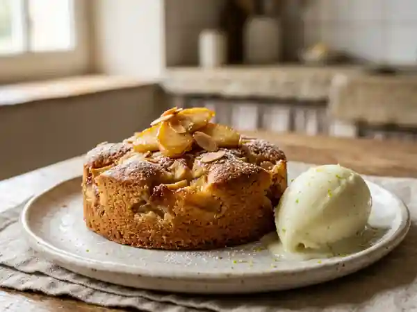 Moelleux breton aux pommes et sorbet givré - Photo de présentation
