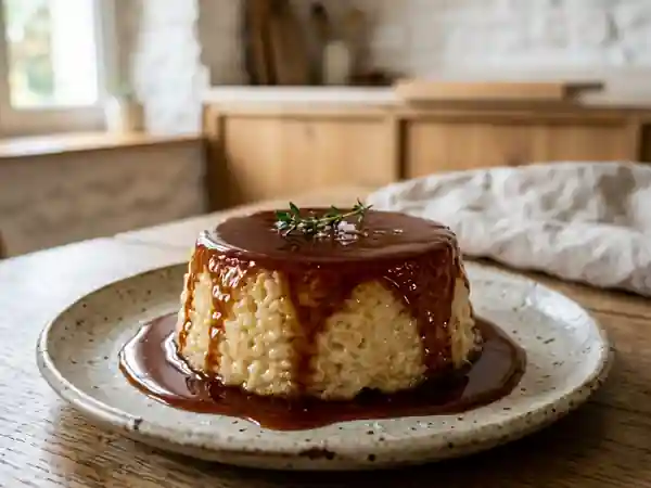 Gâteau de riz crémeux au caramel ambré - Photo de présentation