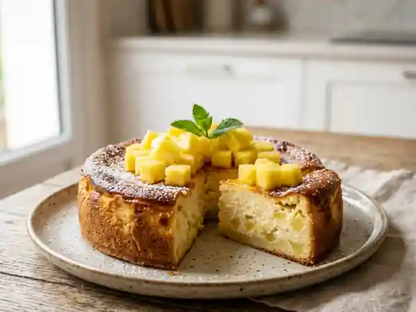 Délicieux gâteau léger au fromage blanc et ananas frais - Photo de présentation