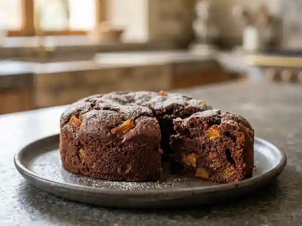 Délicieux gâteau moelleux au chocolat et abricots confits - Photo de présentation