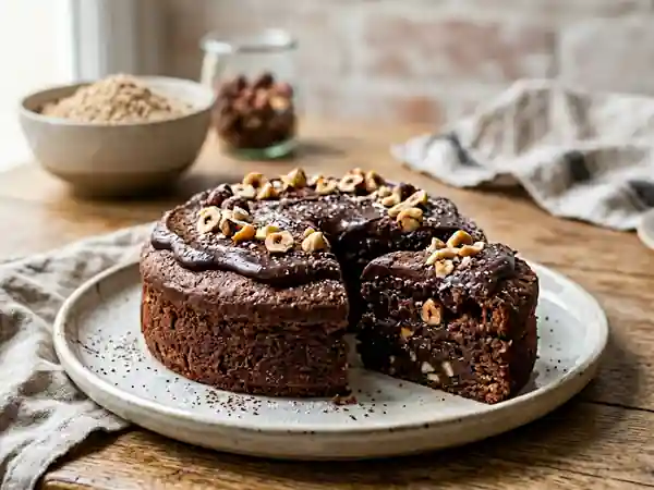 Délicieux gâteau moelleux au chocolat et noisettes croquantes - Photo de présentation