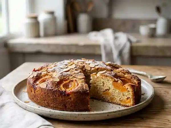 Délicieux gâteau moelleux aux abricots et amandes - Photo de présentation