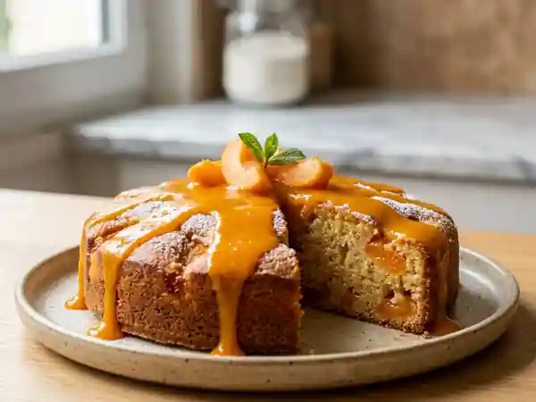 Délicieux gâteau moelleux aux abricots frais avec coulis maison - Photo de présentation