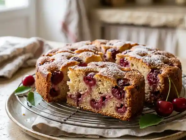 Délicieux gâteau moelleux aux cerises fraîches - Photo de présentation