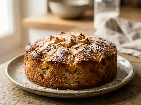 Délicieux gâteau moelleux aux pommes et noix de coco - Photo de présentation
