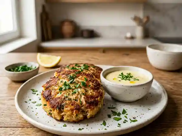 Crab Cakes dorés et leur sauce crémeuse - Photo de présentation