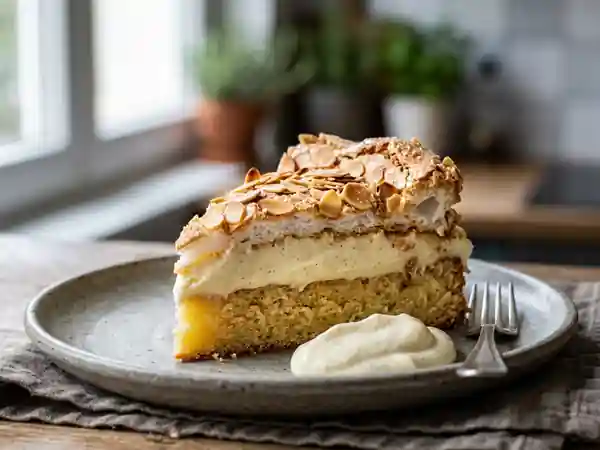 Délicieux Kvæfjordkake Norvégien : Gâteau Meringué aux Amandes et Crème Vanillée - Photo de présentation