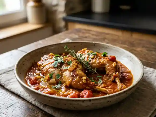 Délicieux Lapin mijoté à la sauce tomate maison - Photo de présentation