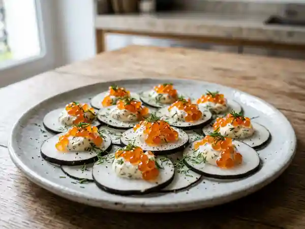 Bouchées fraîches aux œufs de saumon et radis - Photo de présentation