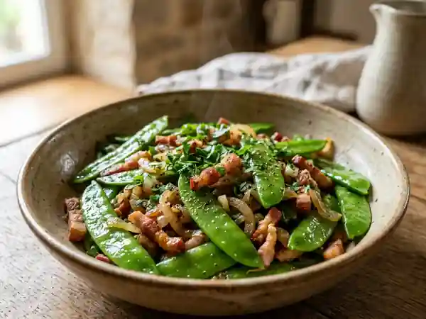 Pois mange-tout croquants aux lardons fumés - Photo de présentation