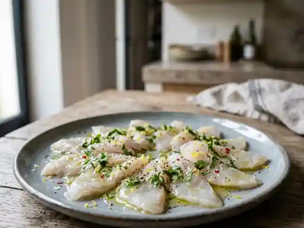 Délicieux poisson cru mariné au citron frais - Photo de présentation