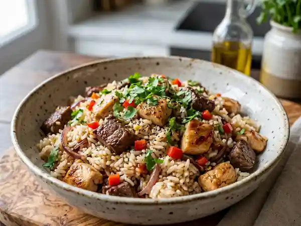 Riz sauté fondant au duo de viandes et soja - Photo de présentation