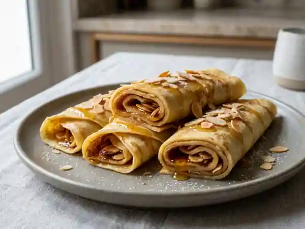 Rouleaux de crêpes miel et amandes grillées - Photo de présentation