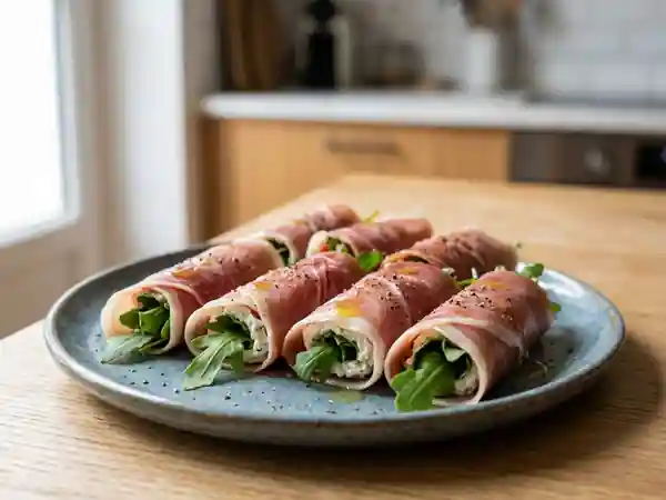 Délicieux rouleaux de prosciutto au carré frais et roquette - Photo de présentation