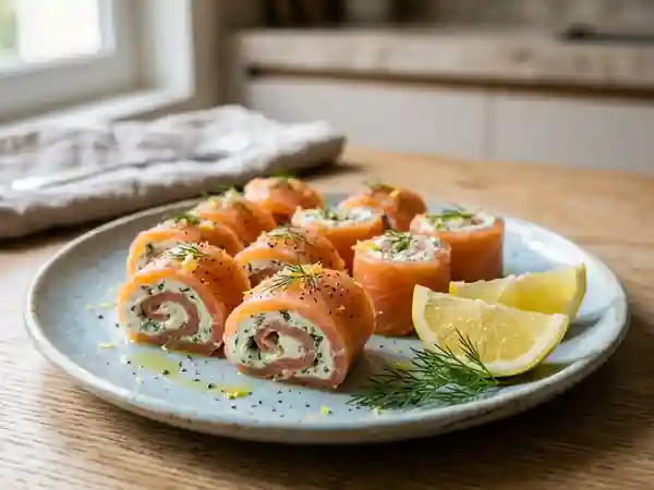 Délicieux rouleaux de saumon frais à l'aneth - Photo de présentation