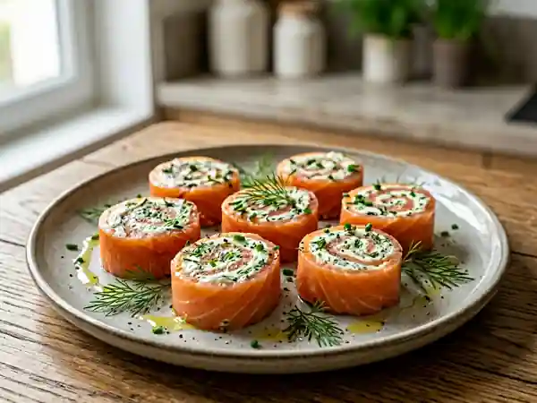 Délicieux rouleaux de saumon fumé aux herbes fraîches - Photo de présentation