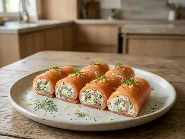 Délicieux rouleaux de saumon fumé surprise pour apéritif raffiné - Photo de présentation