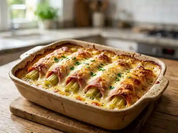 Délicieux roulés de céleri au jambon gratinés au four - Photo de présentation
