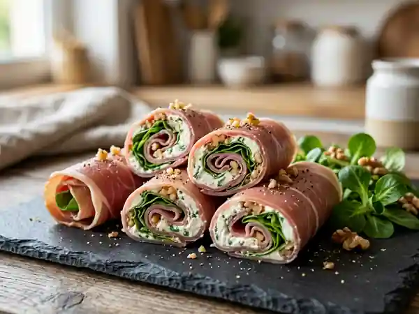 Roulés de jambon cru fondants au fromage et noix - Photo de présentation