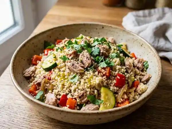 Couscous au thon et légumes sautés au cumin - Photo de présentation