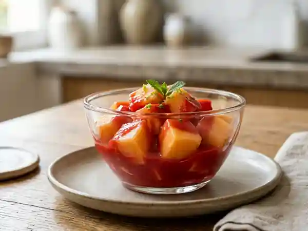 Dés de melon frais nappés d’un coulis de fraises maison - Photo de présentation