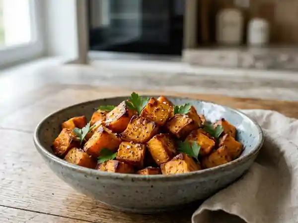 Dés de patate douce rôtis et fondants - Photo de présentation