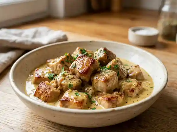 Dés de porc fondants à la crème de moutarde - Photo de présentation