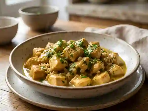Dés de poulet au curry crémeux et herbes fraîches - Photo de présentation