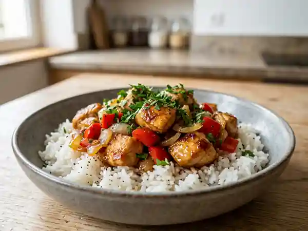 Poulet au soja et riz sauté aux poivrons - Photo de présentation