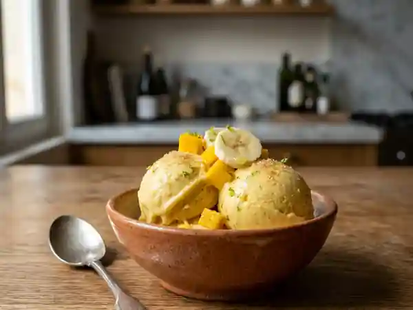 Dessert glacé exotique à la banane et mangue - Photo de présentation
