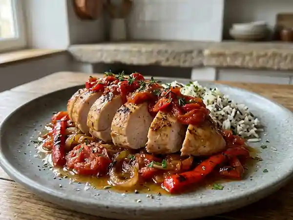 Dinde Rôtie aux Tomates et Poivrons en Duo Coloré - Photo de présentation