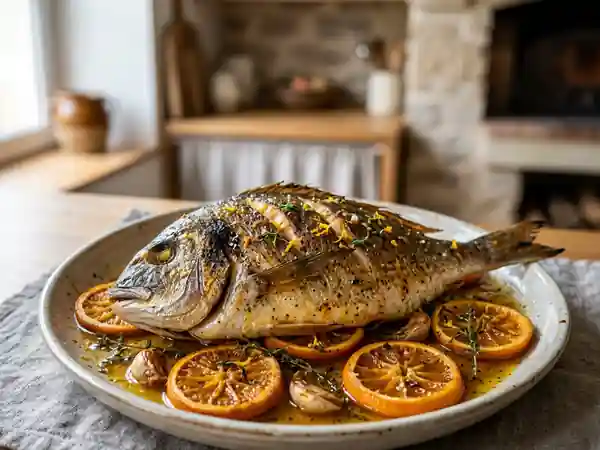 Dorade entière rôtie aux oranges et herbes fraîches - Photo de présentation