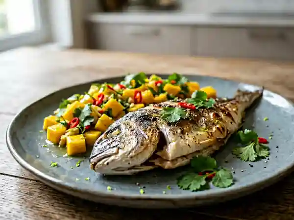 Dorade grillée aux mangues fraîches et sauce exotique - Photo de présentation