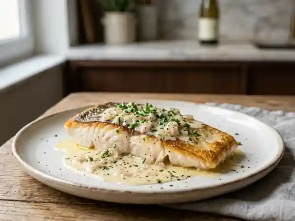 Duc blanc fondant sauce crème et vin blanc - Photo de présentation