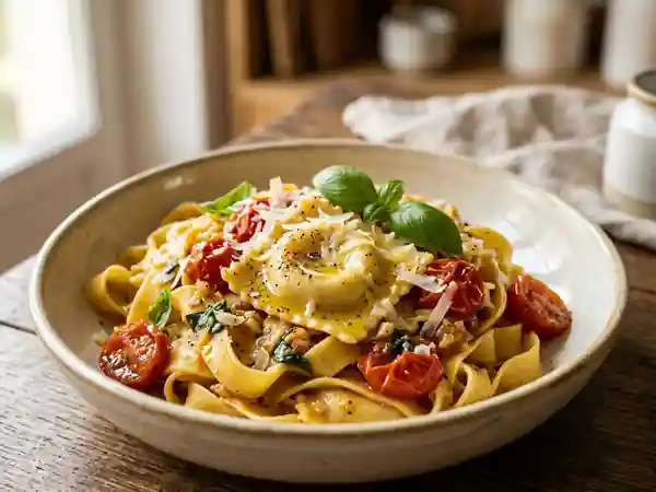 Tagliatelles et raviolis fondants ail et basilic - Photo de présentation