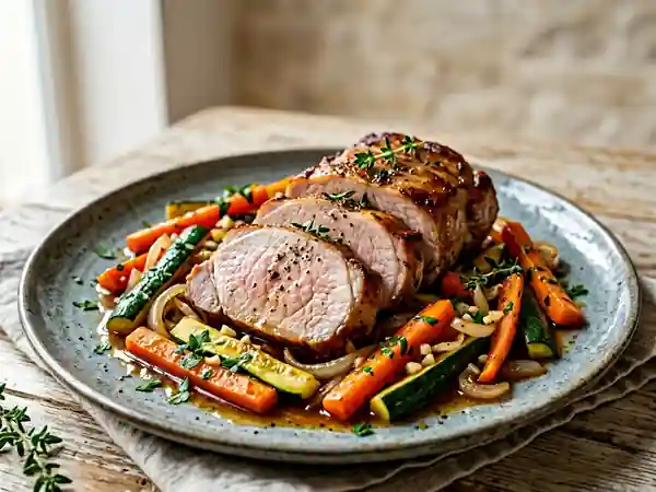 Échine de porc fondante et légumes rôtis - Photo de présentation