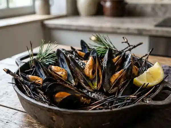 Éclade de moules fumée aux aiguilles de pin - Photo de présentation